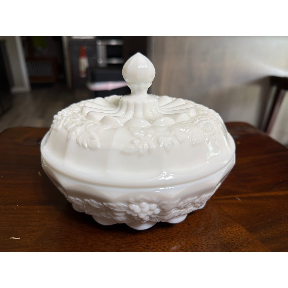 Westmoreland Milk Glass Paneled Grape Candy Dish Lidded Compote White Vintage